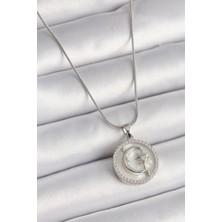 Bazarhane 316L Çelik Gümüş Renk Zincir Zirkon Taş Detaylı Beyaz Sedefli Ay Yıldız Işleme Kadın Kolye