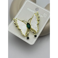 Biju Yılmaz Vip Gold Beyaz Yeşil Taşlı Kelebek Broş - 26BRS20