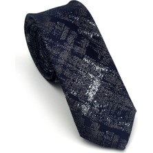 Gaffy Gri Desenli Lacivert Dokuma Kumaş Mendilli Slim Fit Kravat // SDK-2608-2