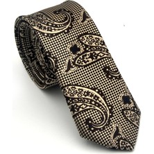 Gaffy Bej Şal Desenli Kahverengi Dokuma Kumaş Mendilli Slim Fit Kravat // SDK-2606-4