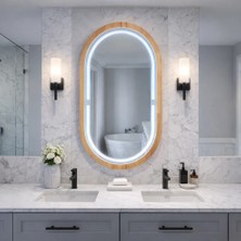 Aypars Atölye 18X32 cm Kayın Ahşap Çerçeveli Led’li Oval Ayna – 6500K Dimmer Işıklı Dekoratif Banyo Aynası