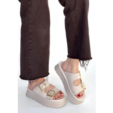 Mesga Butik Coer Bej Süet Çift Tokalı Terlik