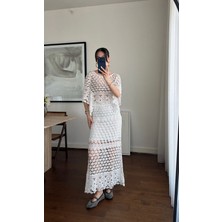 BRTC Design Kadın Krem Full Dantel Işlemeli Bluz Etek Takım