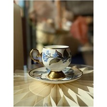 Acar 6lı Mavi Çiçekli Yaldızlı Tombik Porselen Türk Kahvesi Fincan Takımı