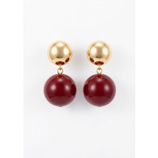 Lykos  kadın Gold Çelik Inci Detaylı Bordo Renkli Top Küpe