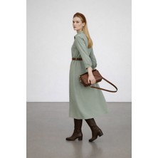 Vireo Club Kadın Kahvengi Pamuk Viskon Kemerli Midi Gömlek Elbise