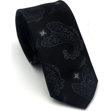 Gaffy Gri Şal Desenli Siyah Dokuma Kumaş Mendilli Slim Fit Kravat // SDK-2604-3