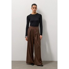 Molene Kahverengi Pileli Bol Paça Pantolon