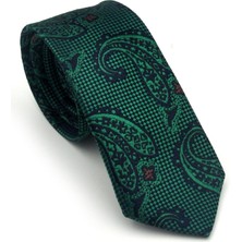 Gaffy Zümrüt Yeşil Şal Desenli Lacivert Dokuma Kumaş Mendilli Slim Fit Kravat // SDK-2606-5