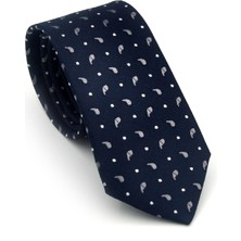 Gaffy Beyaz Füme Desenli Lacivert Dokuma Kumaş Mendilli Slim Fit Kravat // SDK-2612-2