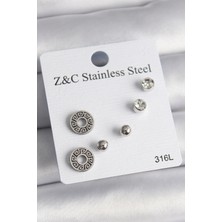 Bazarhane 316L Çelik Gümüş Renk Zirkon Taşlı Labirent Model Kadın Küpe Seti