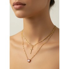 Biju Yılmaz Çelik Gold Ikili Pembe Taş Kalp Kılıç Kolye - 25-CLKK150