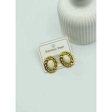 Biju Yılmaz Çelik Gold Beyaz Taşlı Oval Küpe - 25-CLK40