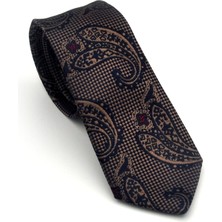Gaffy Kahverengi Şal Desenli Lacivert Dokuma Kumaş Mendilli Slim Fit Kravat // SDK-2606-2
