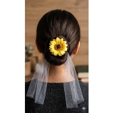 Tül Detaylı Ayçiçekli Lastik Toka - Sarı Çiçekli Şık Topuz Tokası