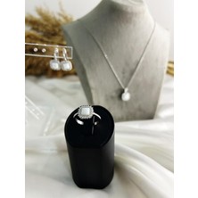 Generic 925 Ayar Gümüş Mavi Opal Taşlı Kadın Kolye, Küpe ve Yüzük Seti -Şık Tasarım