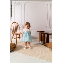 Noynoy Bebek Kız Bebek Mavi Çiçek Desenli Dantel Yakalı Elbise ve Saç Bandı Takımı 9 - 36 Ay