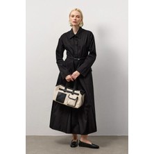 Molene Siyah Kemerli Gömlek Yaka Uzun Elbise