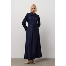 Molene Lacivert Kapak Cepli Yandan Düğmeli Elbise