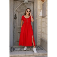 Defy Moda Kadın Kısa Kollu Yuvarlak Yaka Önden Yırtmaçlı Cepli Viskon Uzun Elbise