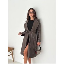 Vess Moda Vegan Kuşaklı Deri Trençkot Pardesü Kahve