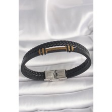 Bazarhane 316L Çelik Gold Renk Zikzak Işlemeli Aksesuarlı Çift Sıra Burgu Desenli Deri Kordon Erkek Bileklik