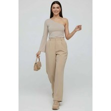 Indispensablely Tek Omuzlu Basic Bluz Vizon