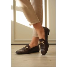 Trendella Kadın Acı Kahve Örgü Dokulu Metal Tokalı Loafer Rahat Günlük Ayakkabı TR23MS09C