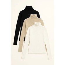Catspy Unisex Premium Siyah Beyaz Bej Set Pamuklu Balıkçı Yaka Kaşkorse Şardonlu Slimfit Boğazlı Kazak