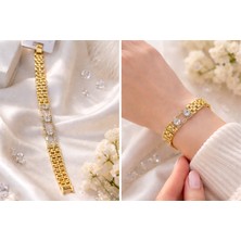 JKmons Zirkon Taş Detaylı Altın Renk Kadın Bileklik – Şık  Taşlı Geometrik Zincir Desen