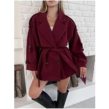 Vess Moda Kadın Bordo Kaşe Düğme ve Kuşak Detaylı Midi Kaban Kruvaze Yaka Oversize Tasarım