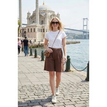 Lela Pamuklu Loose Fit Pileli Kemerli Bermuda Şort Bayan Şort 668YP5439