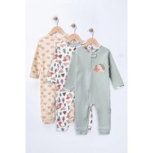 Mıdırık Unisex Erkek Bebek Kız Bebek %100 Pamuklu 9- 18 Ay Fermuarlı 3'lü Kirpi Desenli Manşetli Tulum Seti