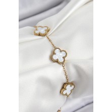 Tiklad 316L Çelik Beyaz Sedef Yonca Model Gold Renk Kadın Bileklik
