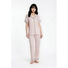 Ecrou Kadın Pudra Çizgili Viskon Bebe Yaka Kısa Kol Pantolon Pijama Set