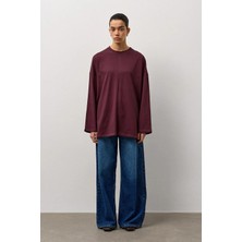 Molene Bordo Oversize Kesim Uzun Kollu Basic T-Shirt