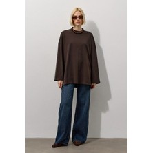 Molene Kahverengi Oversize Kesim Uzun Kollu Basic T-Shirt