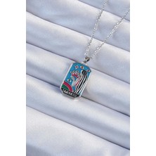 Tiklad 316L Çelik Zincir Gümüş Renk Taç ve Kız Figürlü Renkli Mineli Tarot Kolye