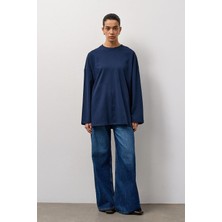 Molene Lacivert Oversize Kesim Uzun Kollu Basic T-Shirt
