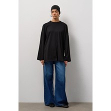Molene Siyah Oversize Kesim Uzun Kollu Basic T-Shirt