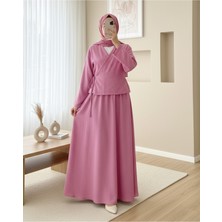 Moda Morfo Yandan Bağlamalı Etekli Keten Takım   -Pembe