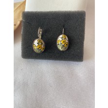 Hediyem Evime Sarı Çiçek Figürlü Çini Küpe Gümüş Renk