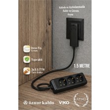 3lü Siyah Priz 1.5m Ince Fiş Uzatma Kablosu %100 Bakır Kablo Mobilya Arkası Kullanım