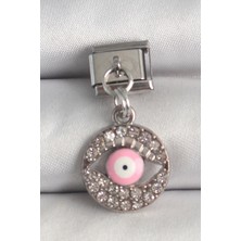 Bazarhane 316L Çelik Gümüş Renk Sallantı Zirkon Taşlı Pembe Göz Model Nomination Charm