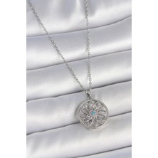 Bazarhane 316L Çelik Gümüş Renk Zincir Mavi Taşlı Lotus Model Kadın Kolye