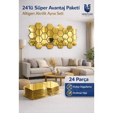 Ventoze 24 Adet Yapışkanlı Dekoratif Akrilik Ayna Seti | Duvar Dekoru Bal Peteği Ayna (8,5cm x 7,5cm