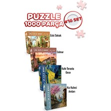 Neverland 4 Adet 1000 Parça Puzzle - Kafe Terasta Gece ve Kız Kulesi Anıları ve Eski Sokak ve Colmar
