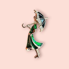 618 Concept Yeşil Elbiseli Şemsiyeli Kadın Broş