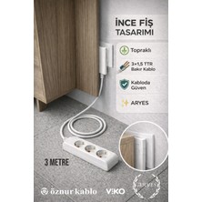 3lü Beyaz Ince Fişli Uzatma Kablosu 3m %100 Bakır Kablo Topraklı Priz
