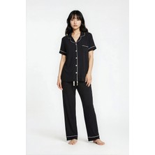 Ecrou Kadın Siyah Düz Viskon Bebe Yaka Kısa Kol Pantolon Pijama Set